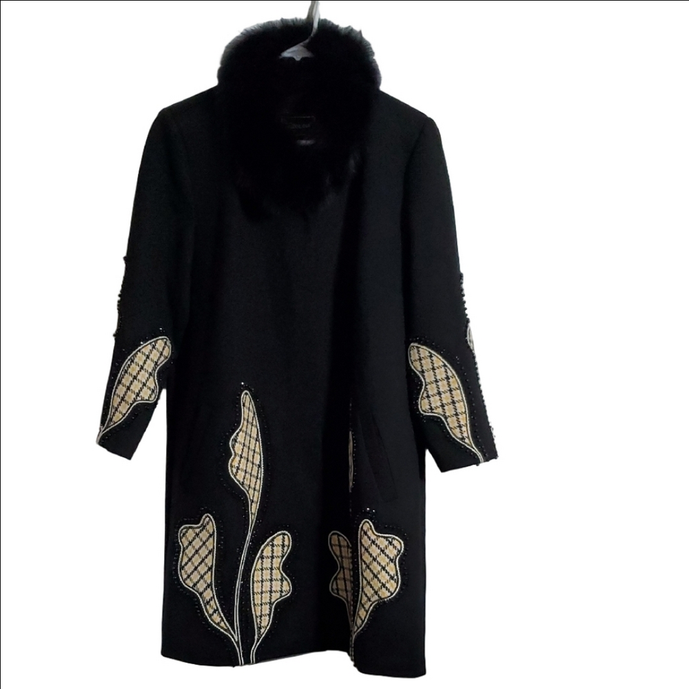 Lazolina Women’s Black Fur Collar Beaded Coat Unique Statement Design Nwt